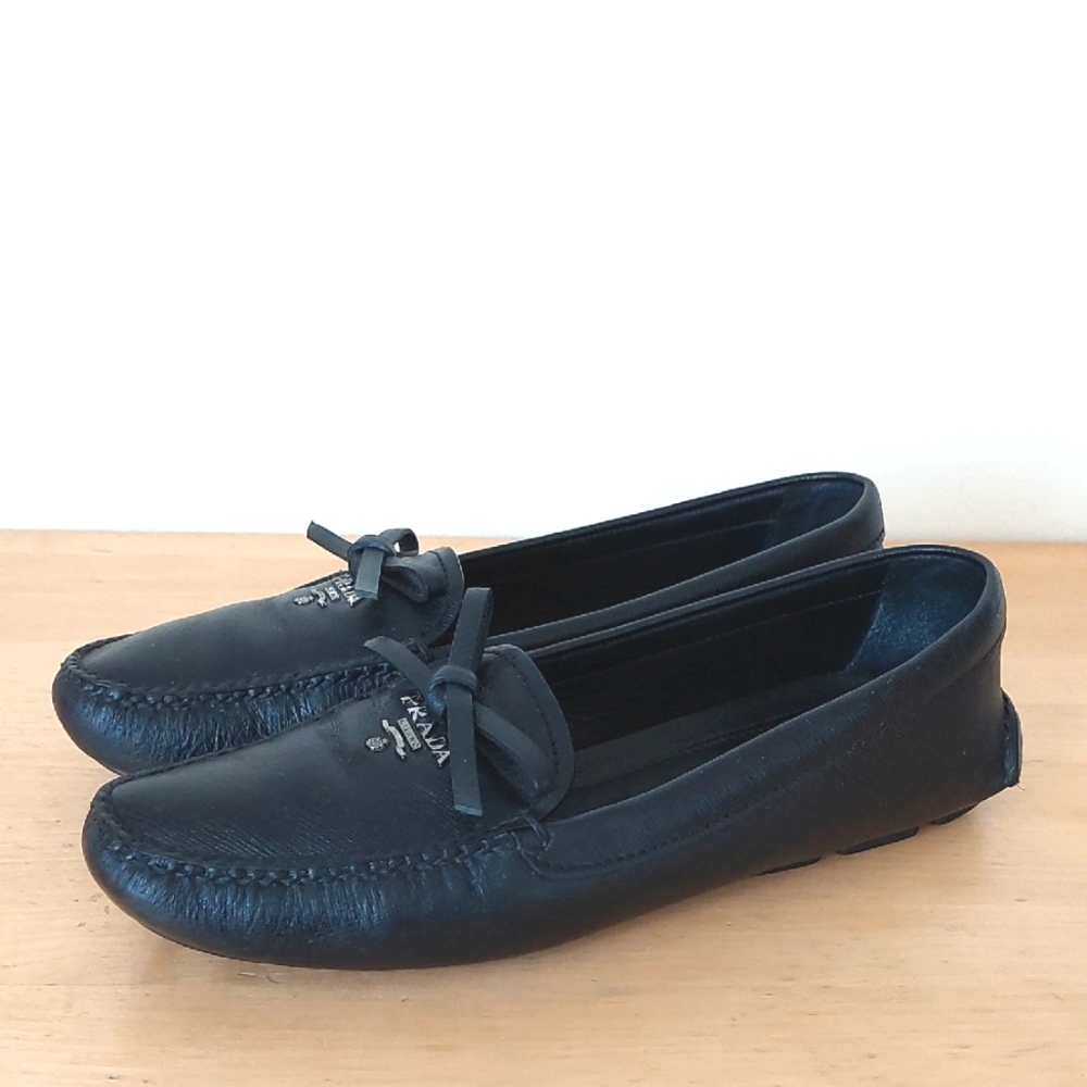 Prada Bow Black Leather Loafers